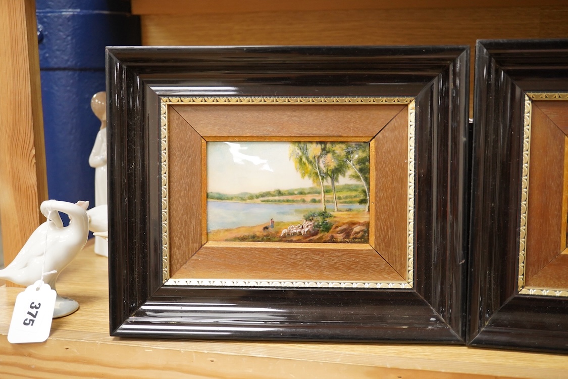 Camille Fauré (1874-1956), A pair of landscape scenes, signed lower right, enamels, framed, 13cm x 8.5cm
